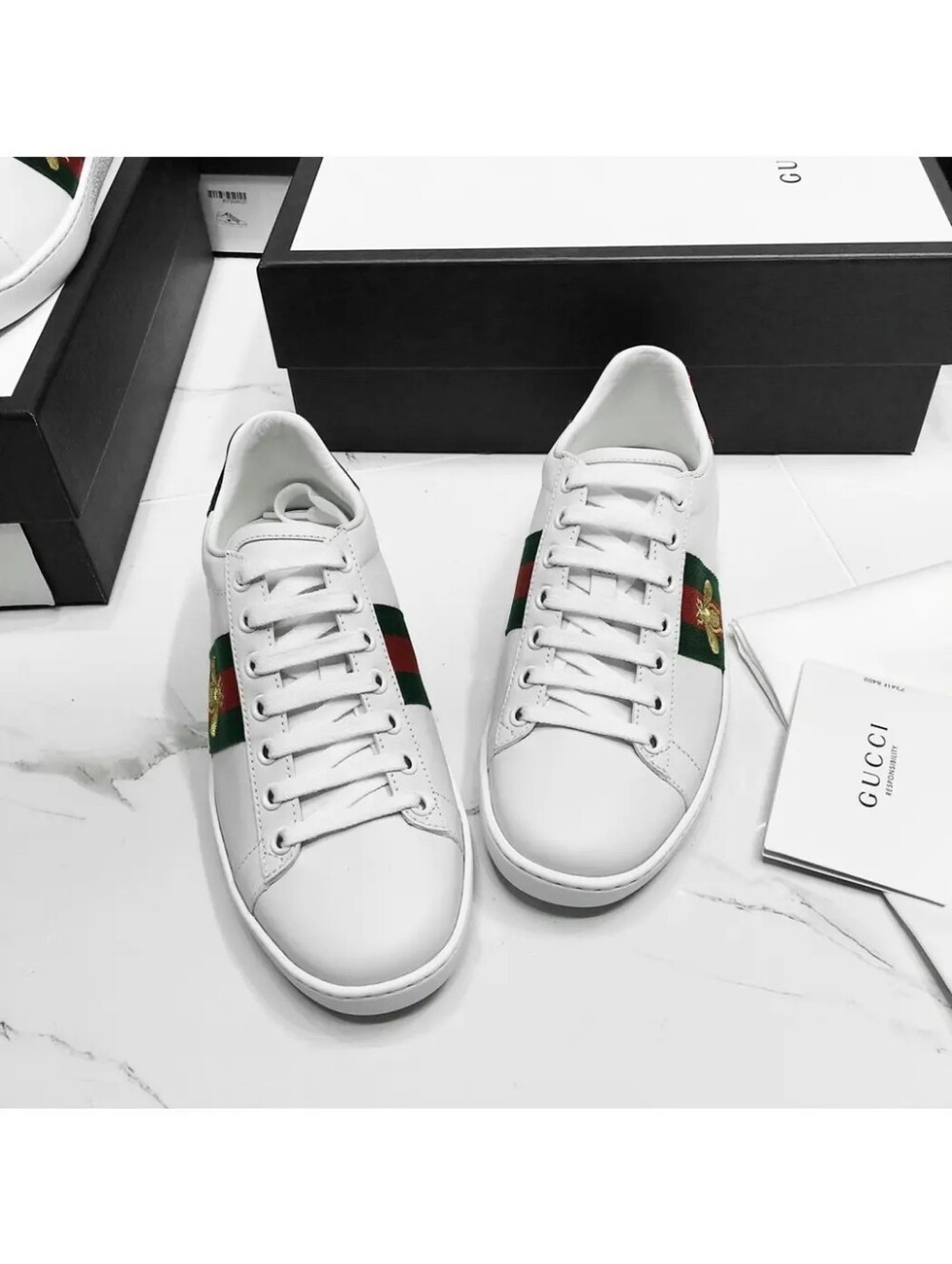 Gucci Men’s White Leather Ace Sneaker with Green-Red Web and Bee - Picture 10 of 16